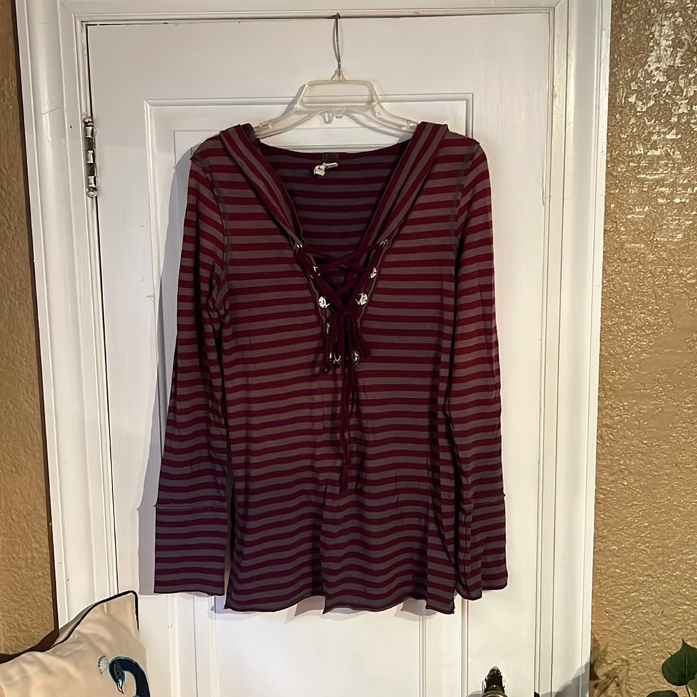 Free People Striped Hooded Tunic Size Large Burgundy Gray
